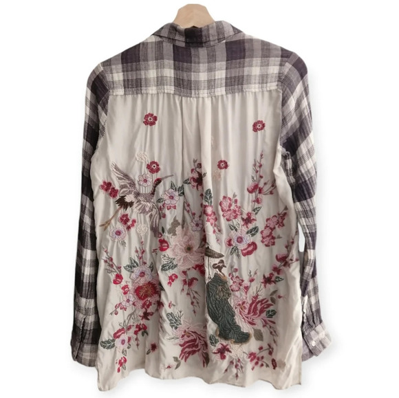 Johnny Was Hisako Embroidered Silk Button Blouse XS Plaid Japanese Floral Bird - Picture 1 of 17